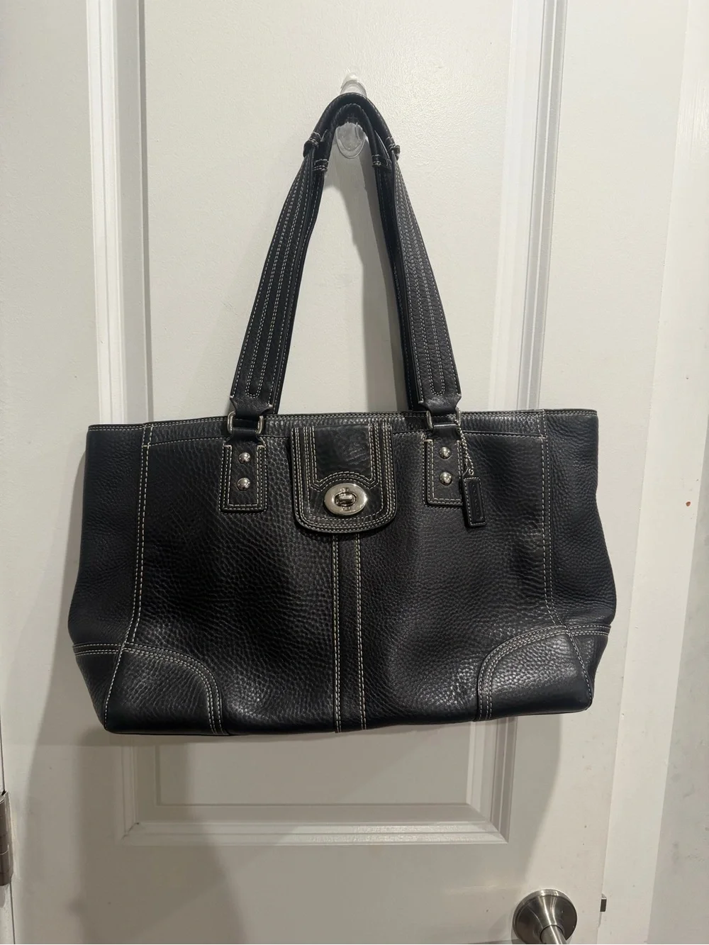 Coach Hampton pebbled leather satchel with white contrast stitching and silver‎